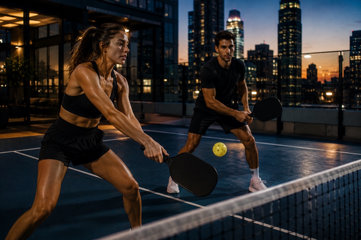 Jucători pe un teren urban de pickleball