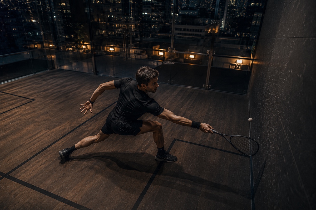 Jucători de squash pe un teren cu pereți de sticlă