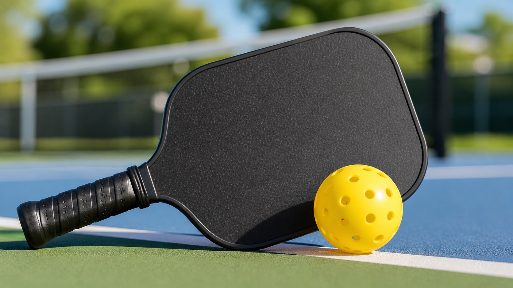 Joueurs de pickleball en plein echange sur un court exterieur