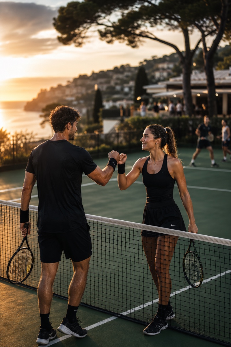 Doi jucători de tenis bătându-se cu pumnii la fileu la apus, club cu vedere la coasta mediteraneană