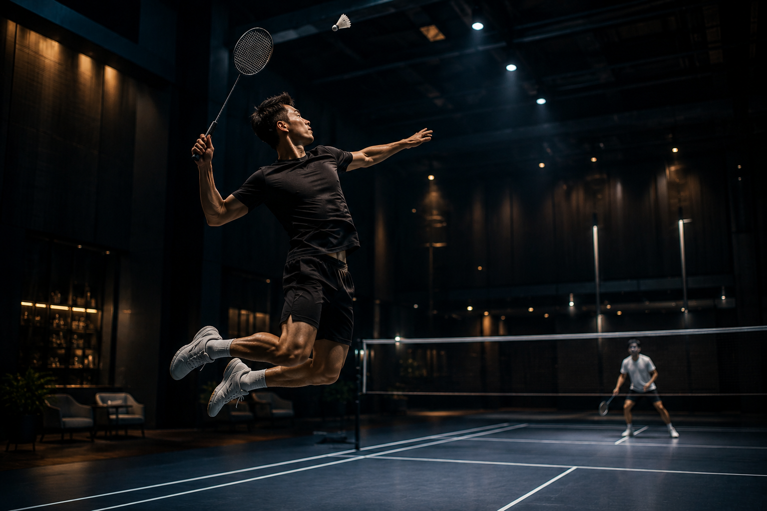 Jucător de badminton sărind pentru a executa o lovitură de smash