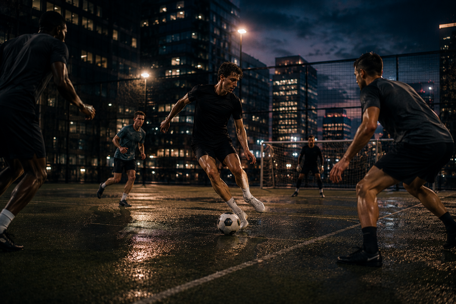 Jucători de fotbal cu 5 pe un teren urban