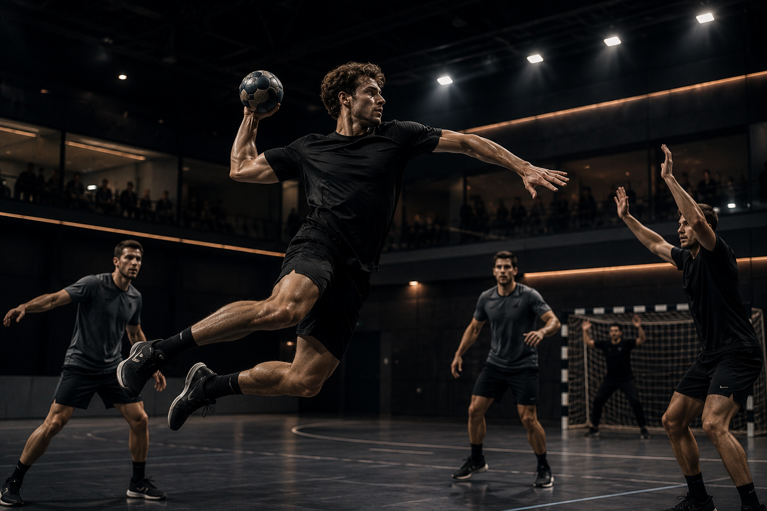 Jucători de handbal într-o sală sportivă