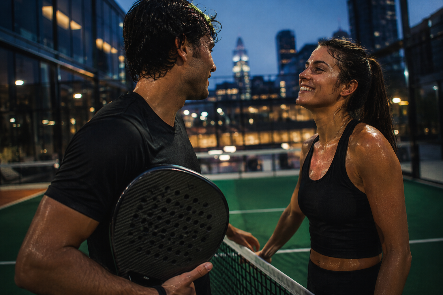 Jucători de padel pe un teren urban acoperit, ricoșând mingea din peretele de sticlă