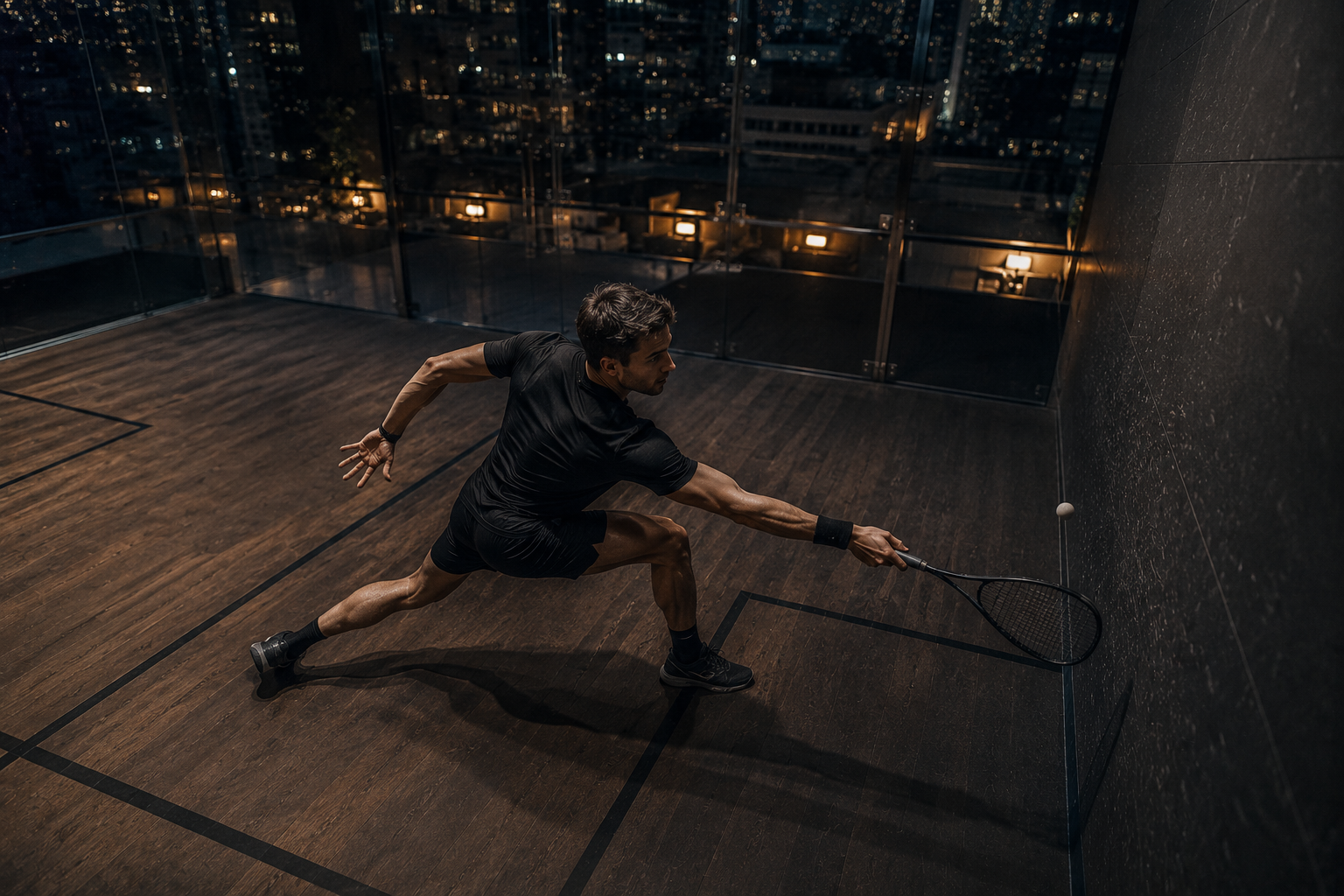 Doi jucători de squash într-un schimb intens pe un teren cu pereți de sticlă